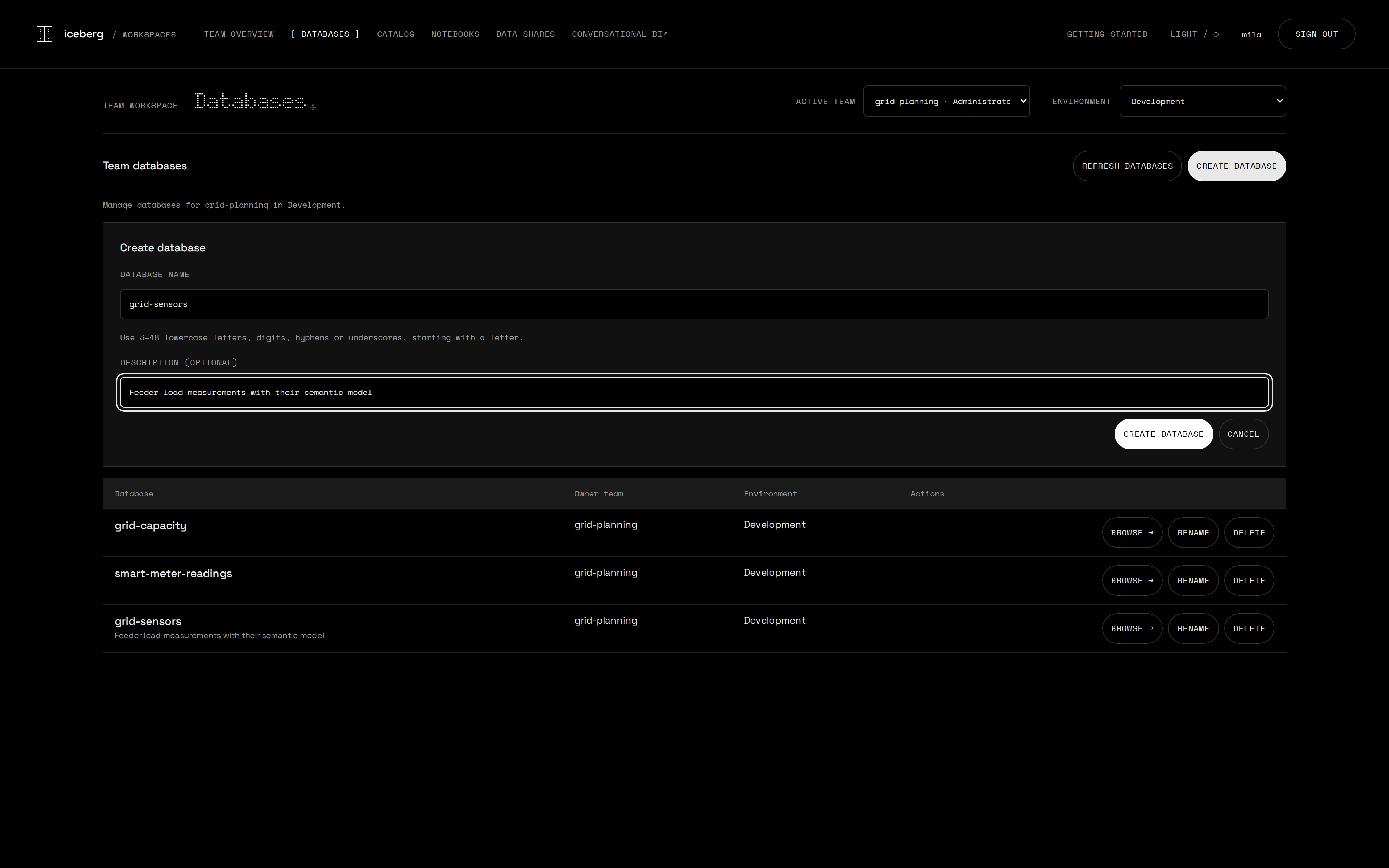 User portal Databases page with the create database form filled in