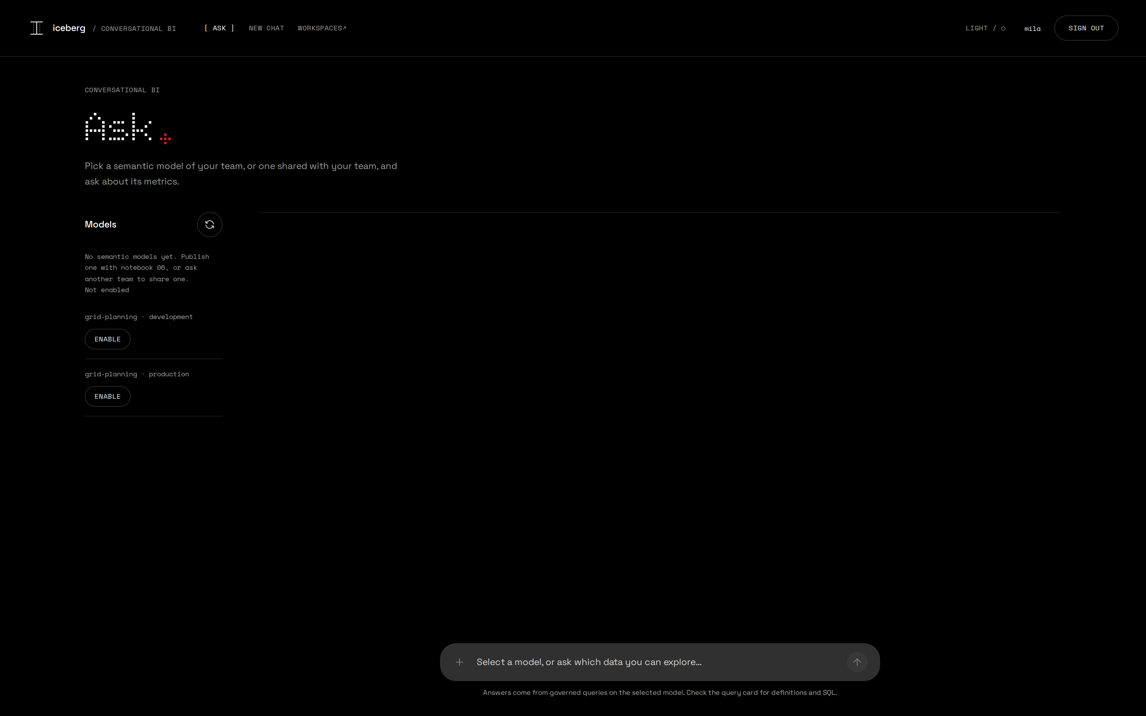 Conversational BI model list for mila with grid-planning development and production not enabled yet, each with an Enable button