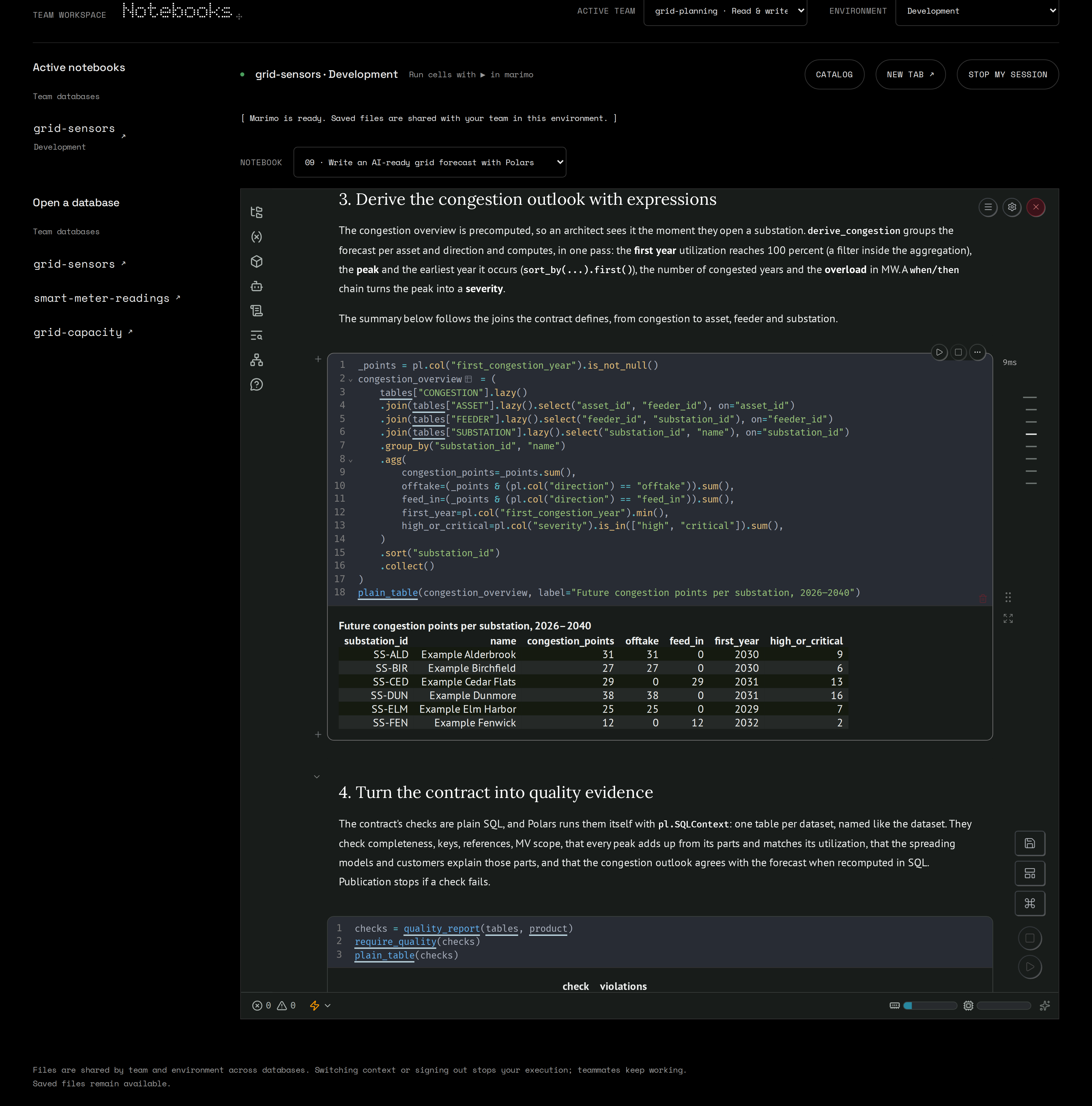 Example notebook 09 in the grid-sensors database: a query joins the congestion outlook to assets, feeders and substations and counts future congestion points per substation, with the resulting table