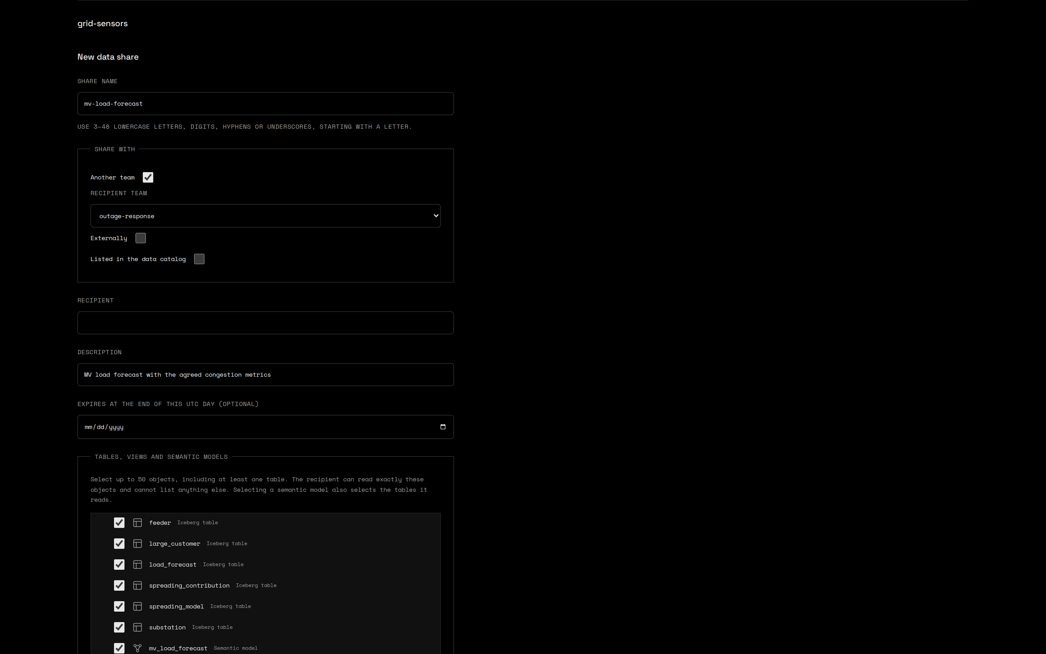 User portal data share form with outage-response as recipient team, the mv_load_forecast semantic model selected and its eight tables added