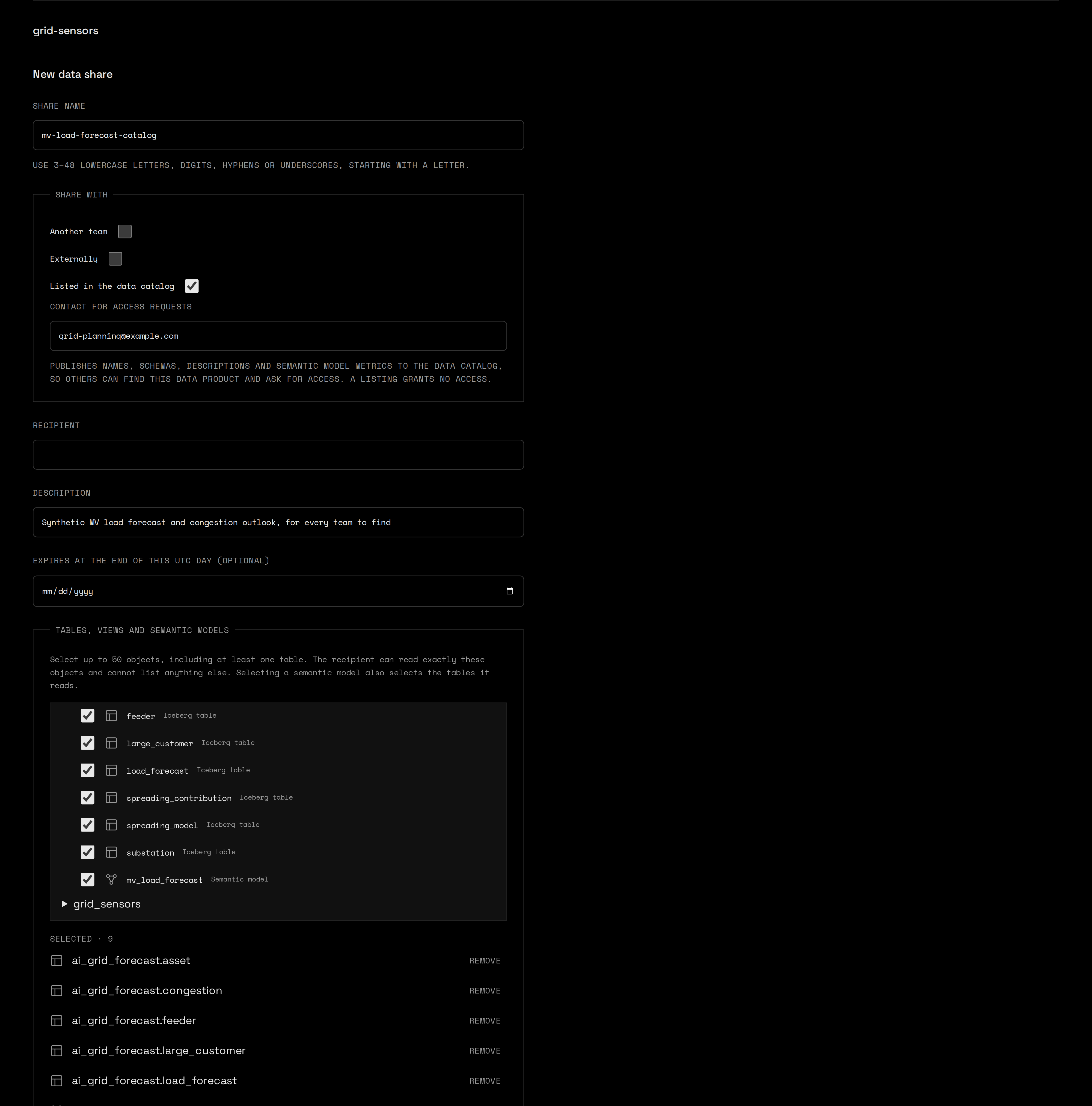 User portal data share form for mv-load-forecast-catalog: only Listed in the data catalog checked, with grid-planning@example.com as the contact for access requests and the mv_load_forecast model selected