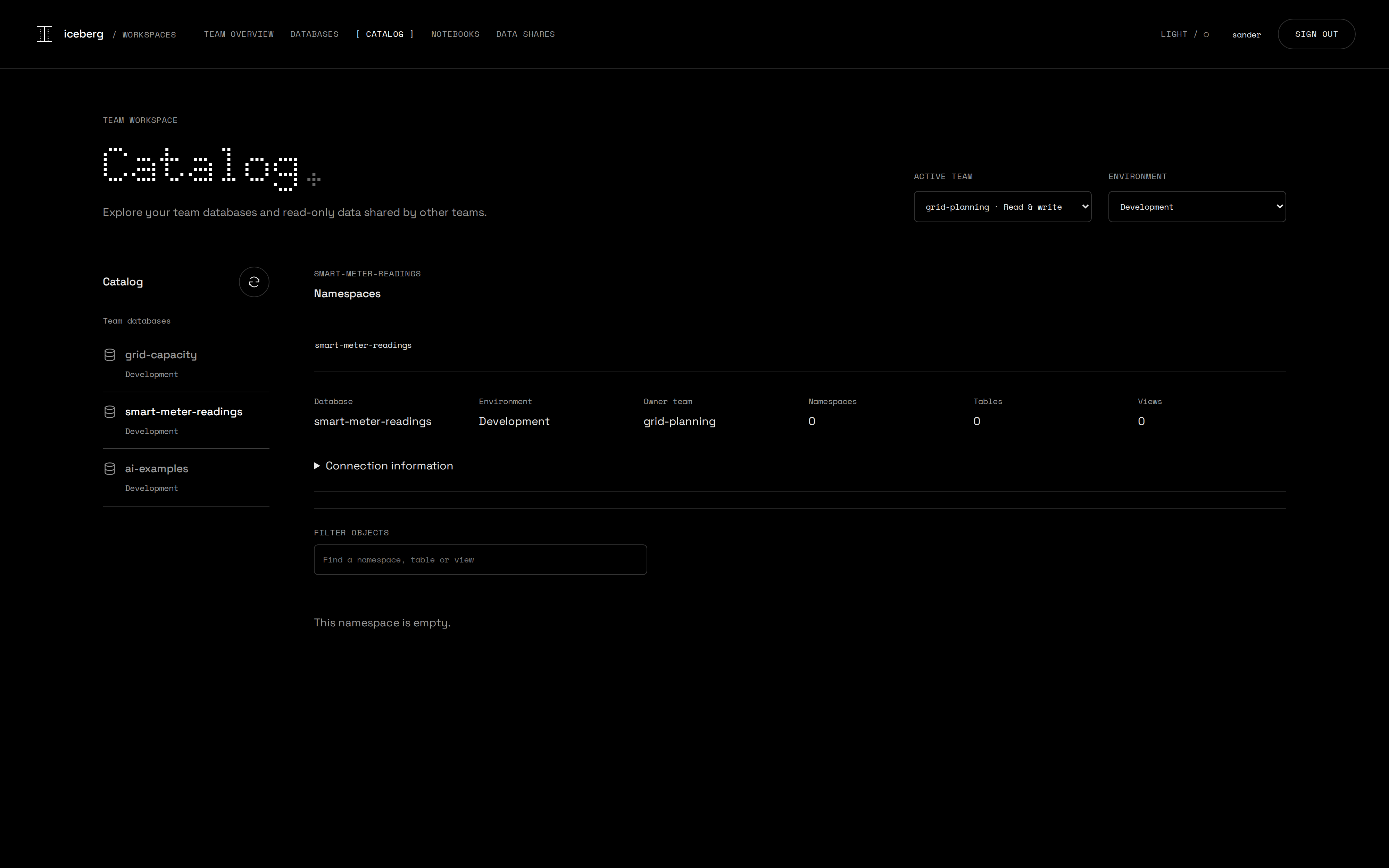 User portal with active team, environment and database selected