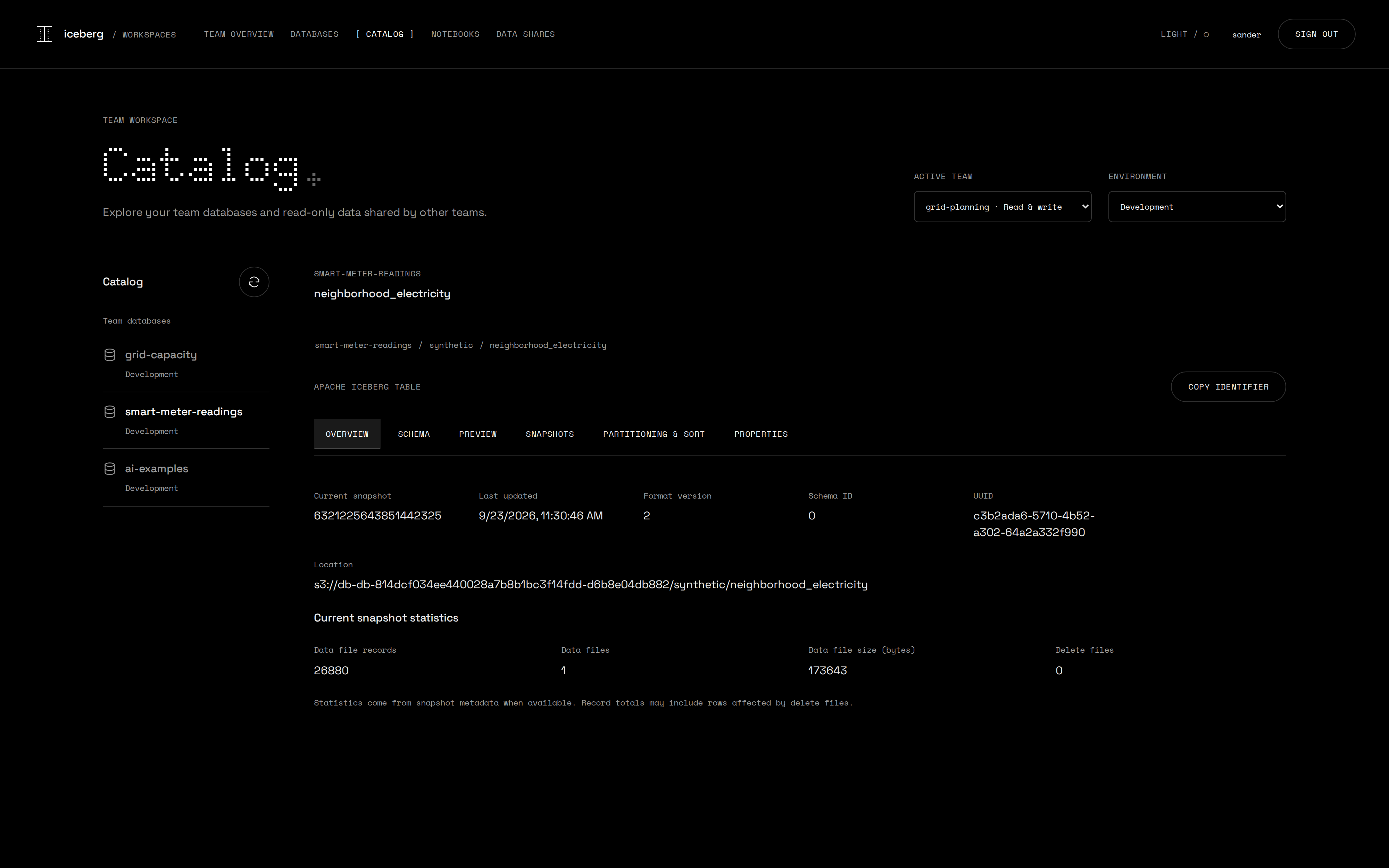 Table overview with current snapshot, format version and location