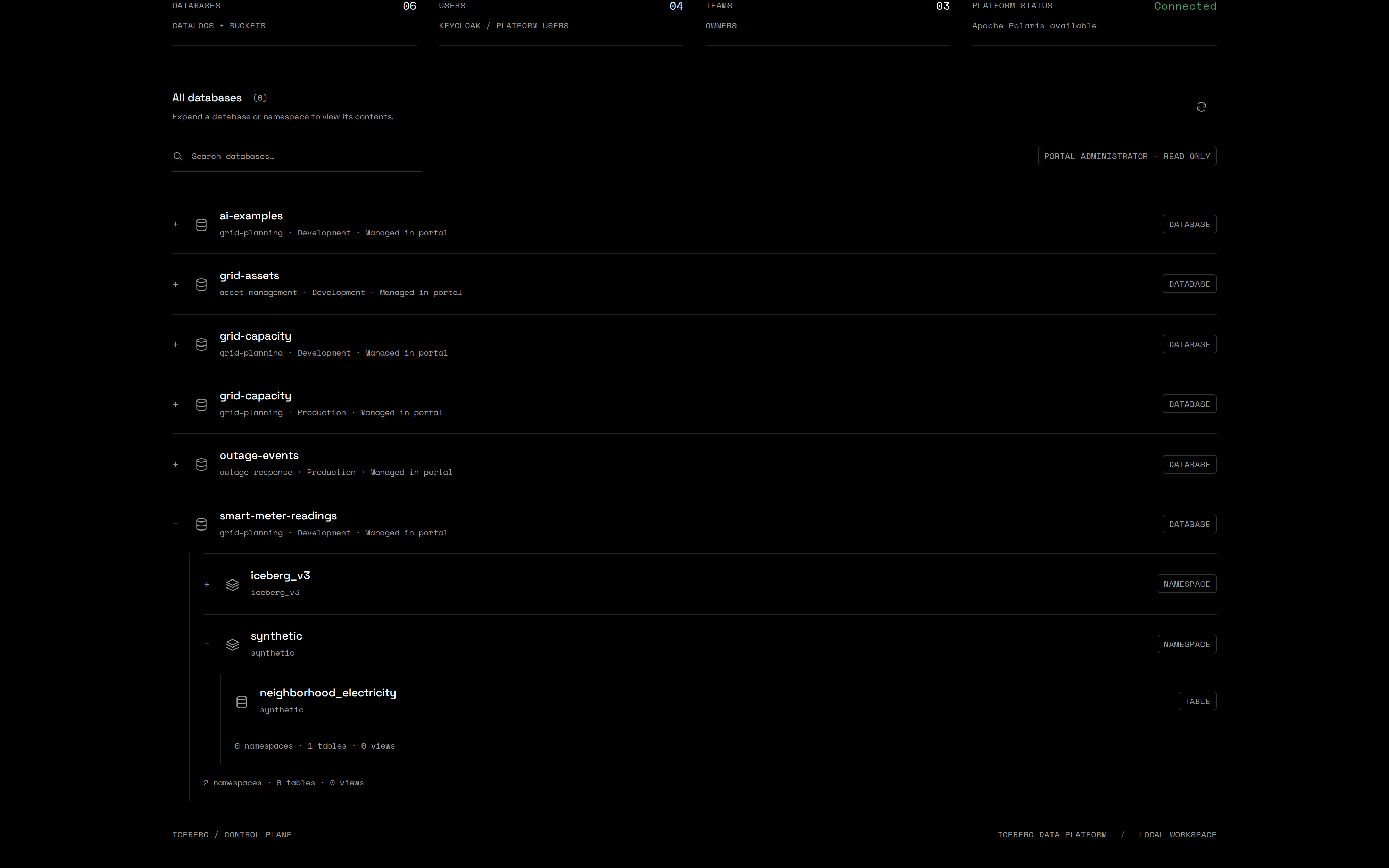 Admin catalog explorer showing database, namespace and table