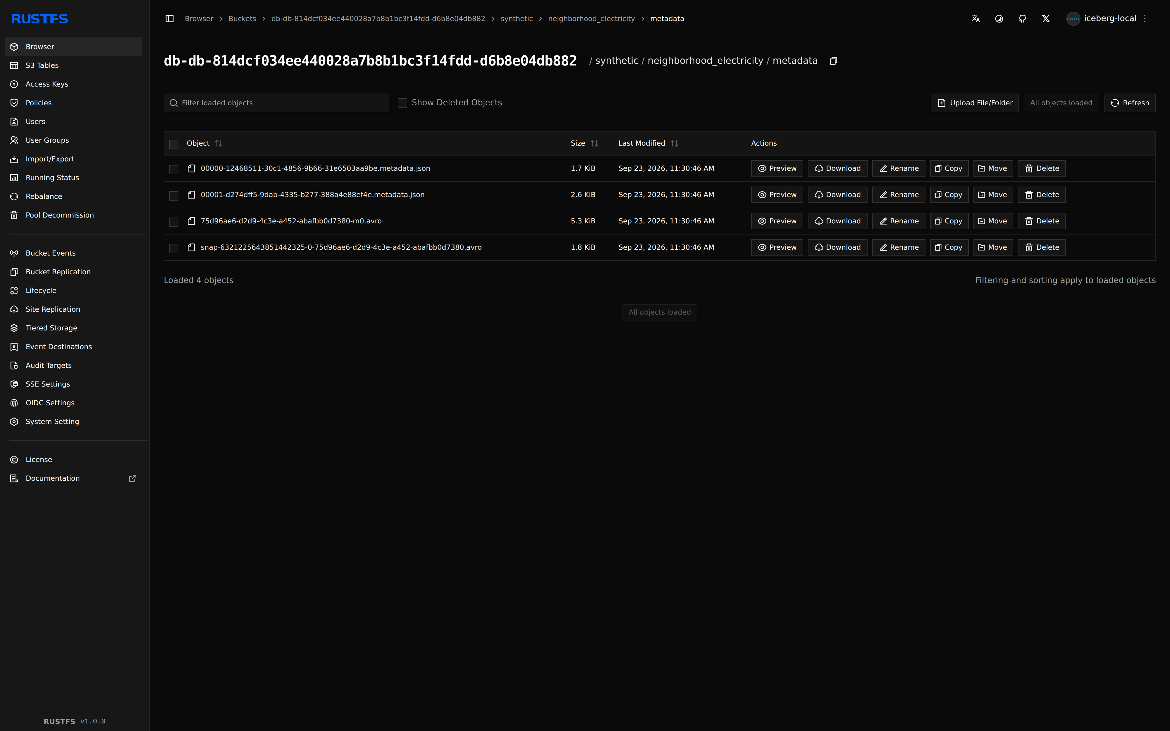 RustFS console listing JSON metadata versions and Avro file lists in the demo table's metadata folder