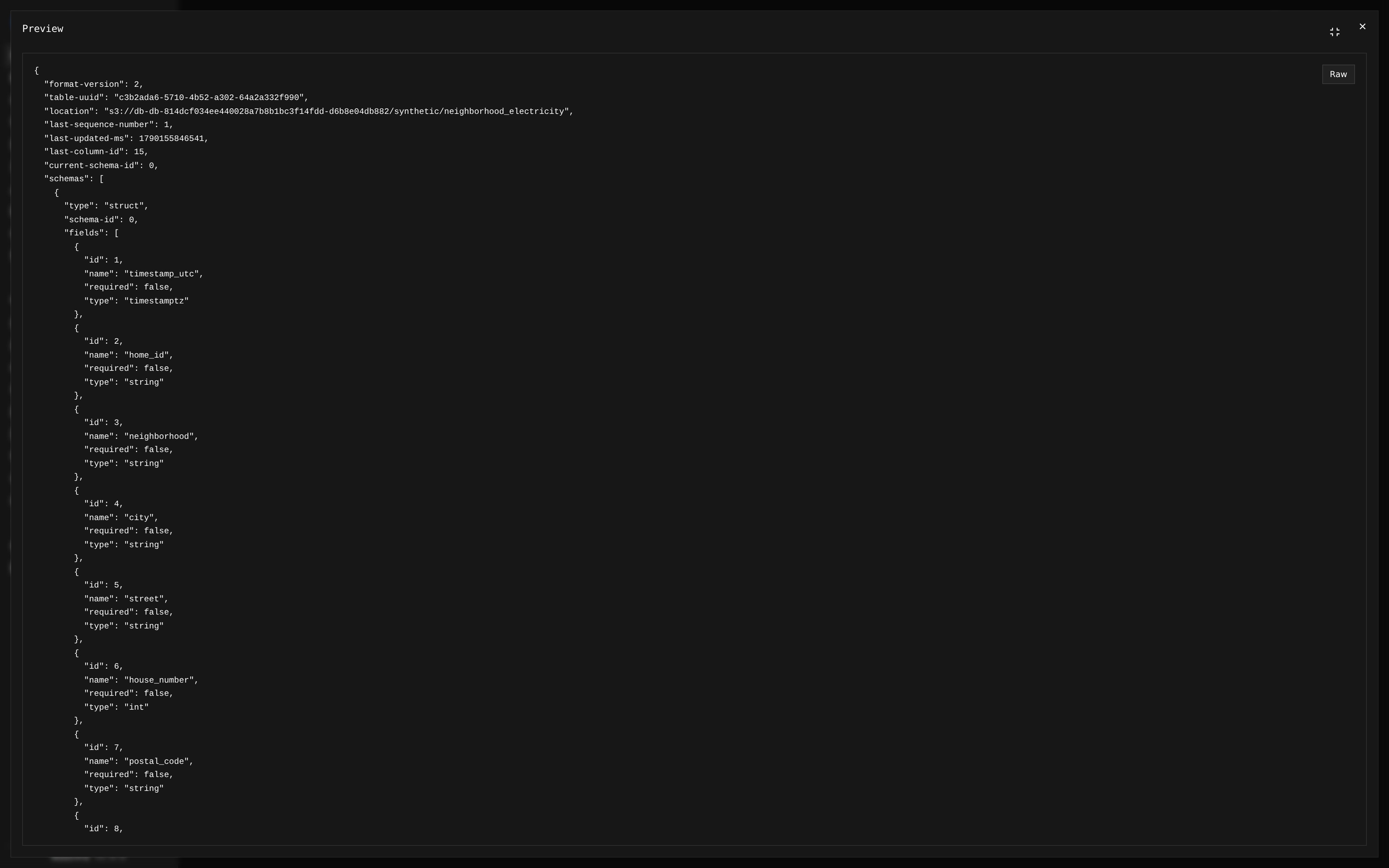 RustFS preview of the demo table's metadata JSON, containing its schema and snapshot references