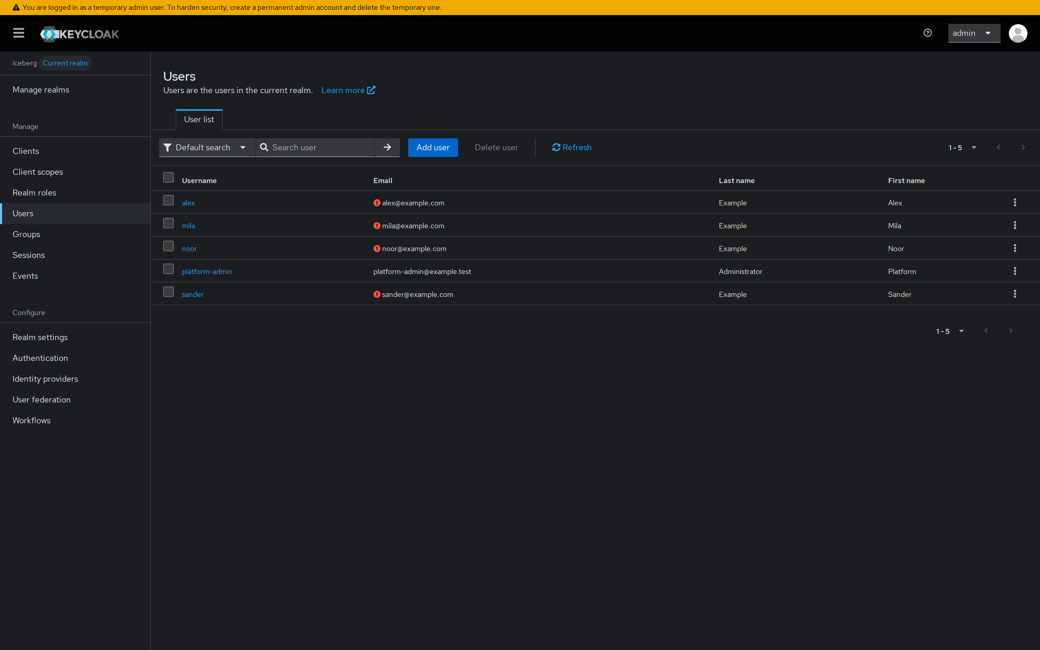 Keycloak admin console listing the users of the iceberg realm