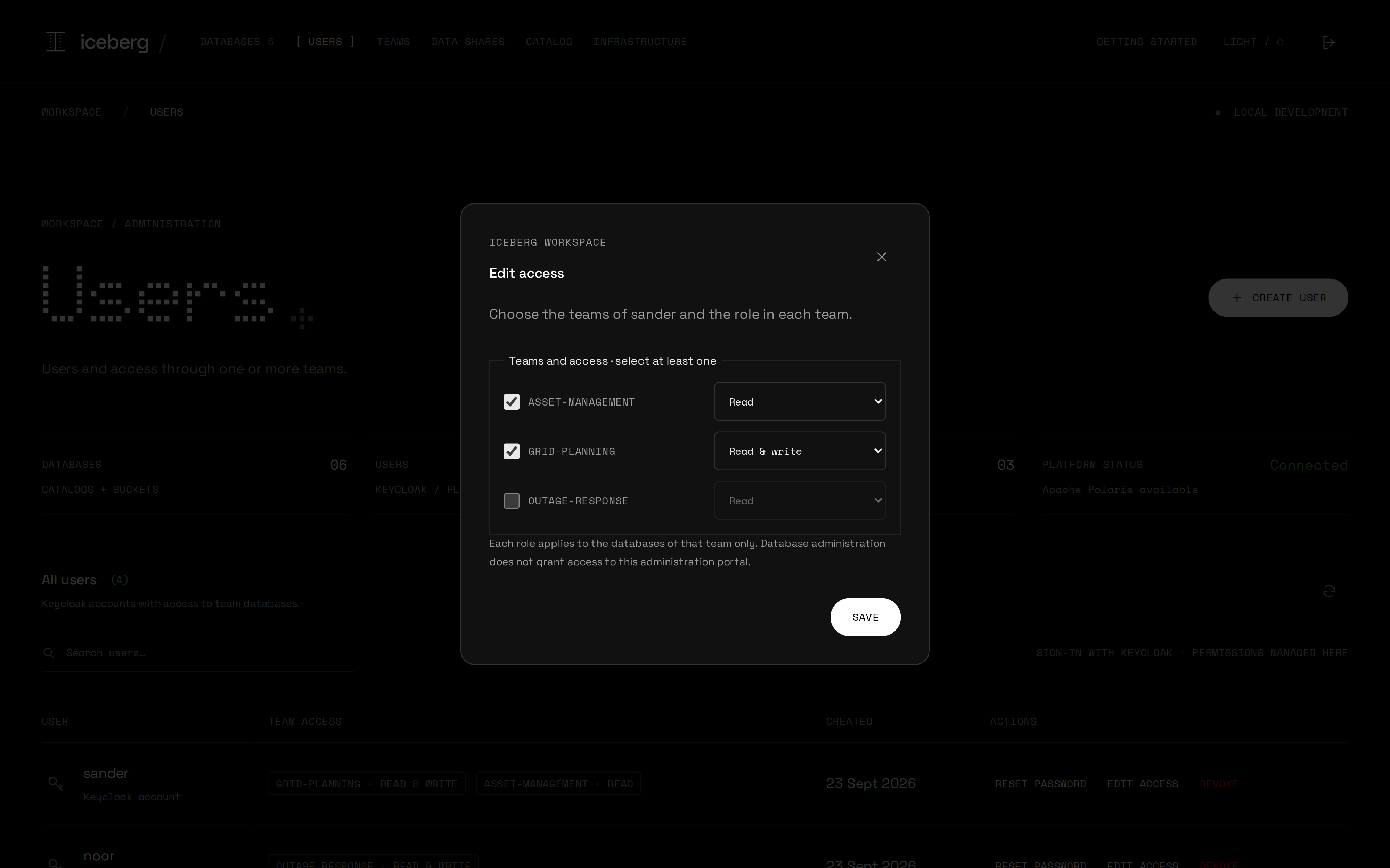 Edit access dialog with a role select for every team of the user