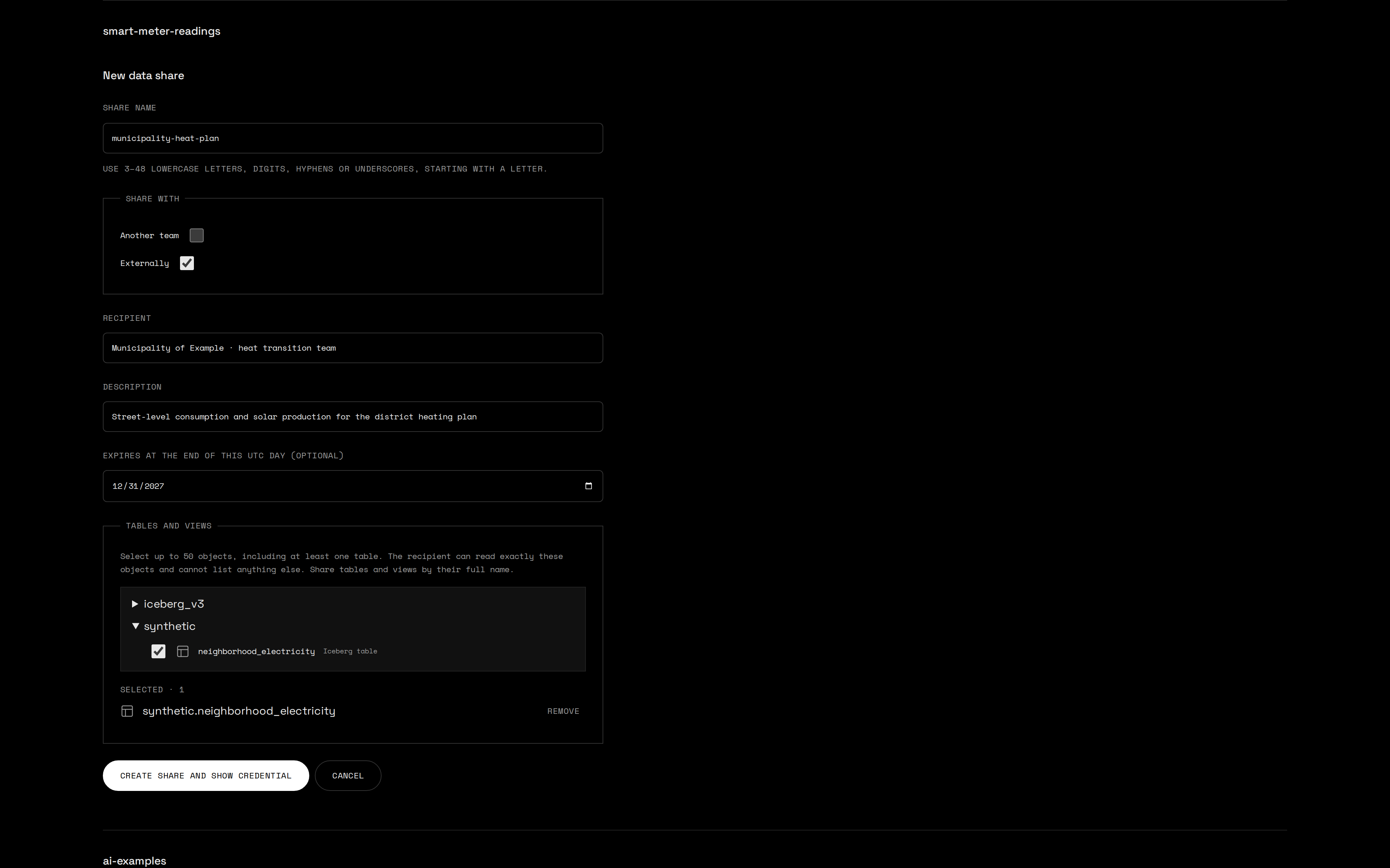 User portal form for an external data share with a recipient, an expiry and a namespace tree with a selected table