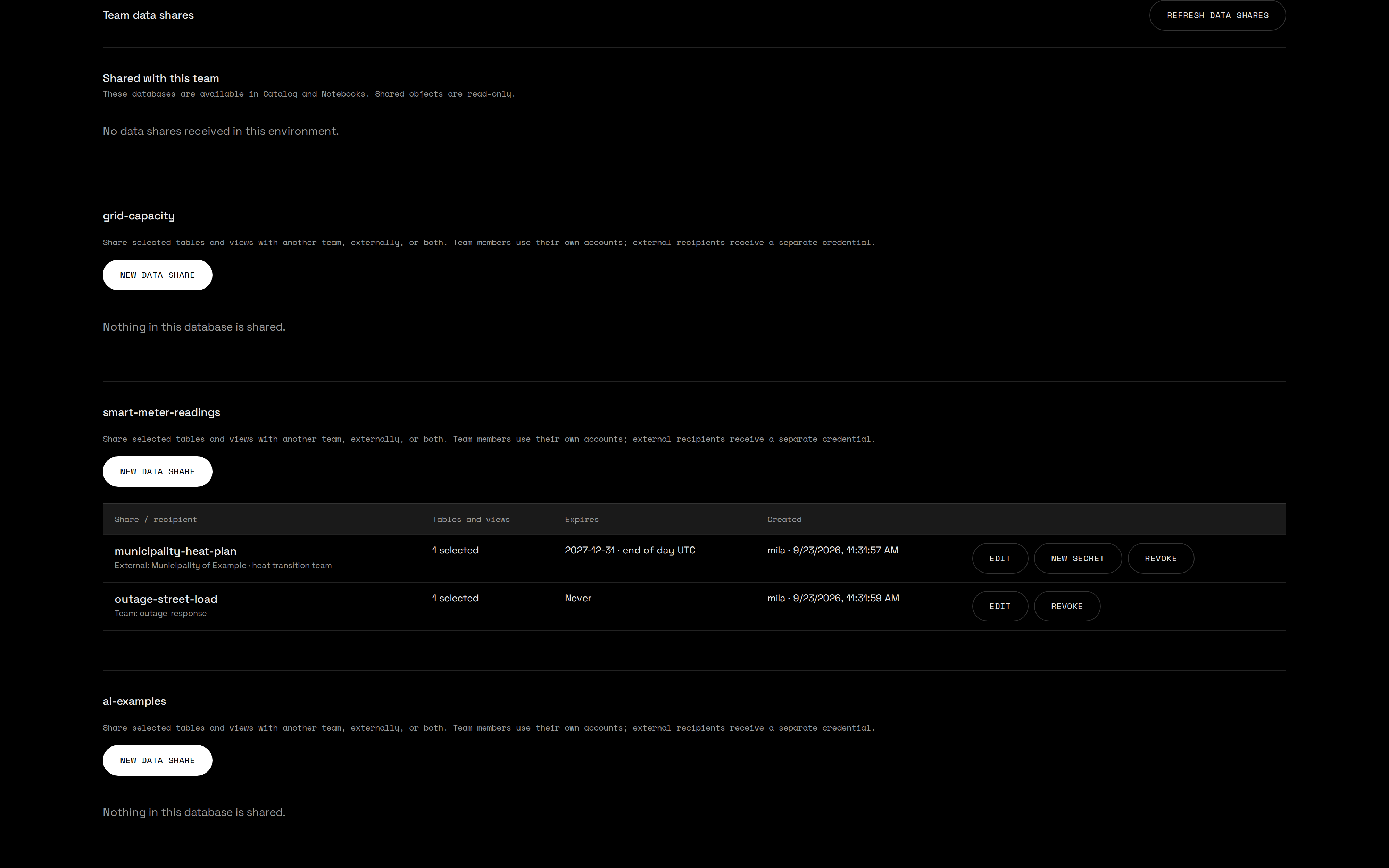 User portal list of data shares with edit, secret and revoke actions