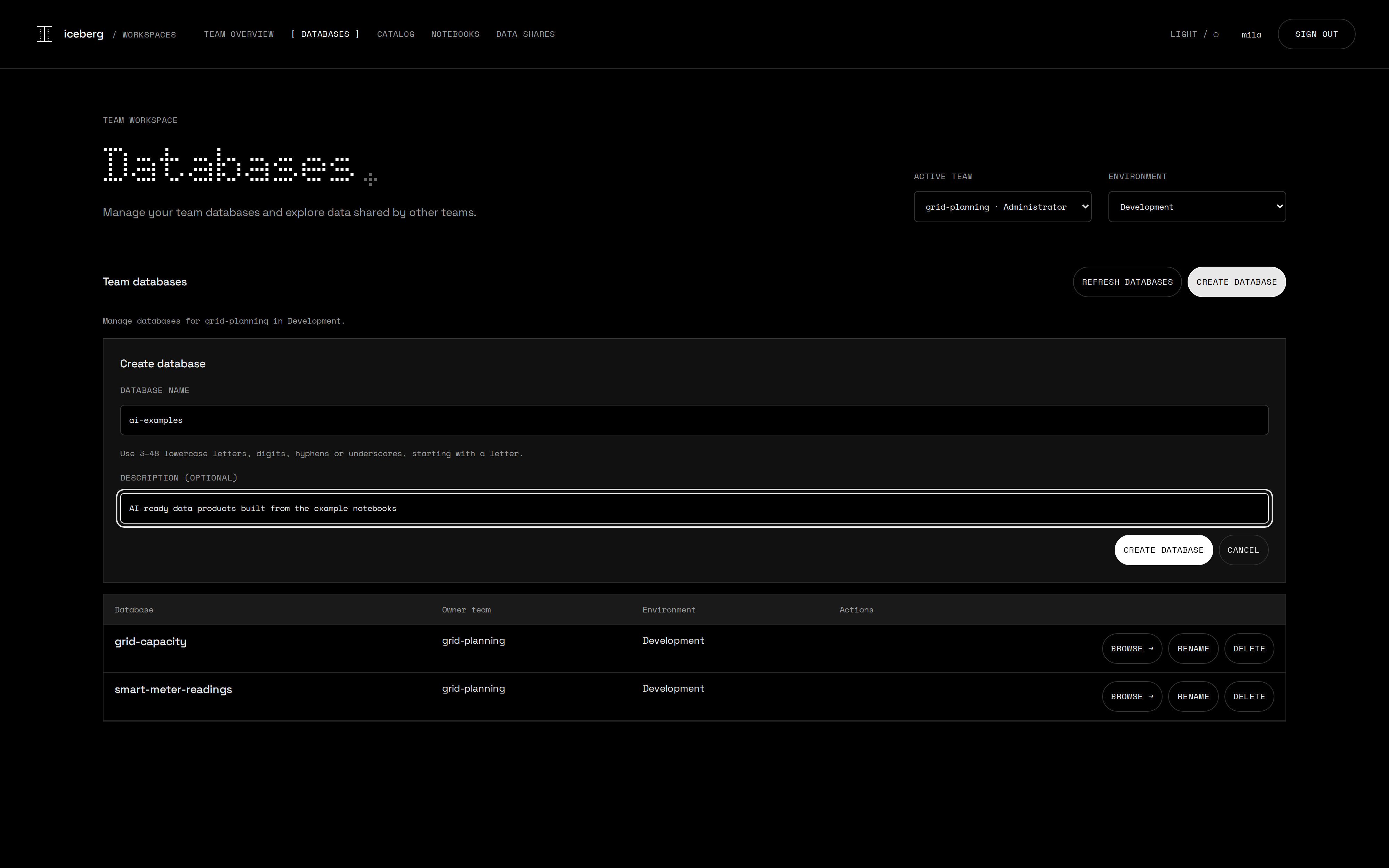 User portal Databases page with the create database form filled in