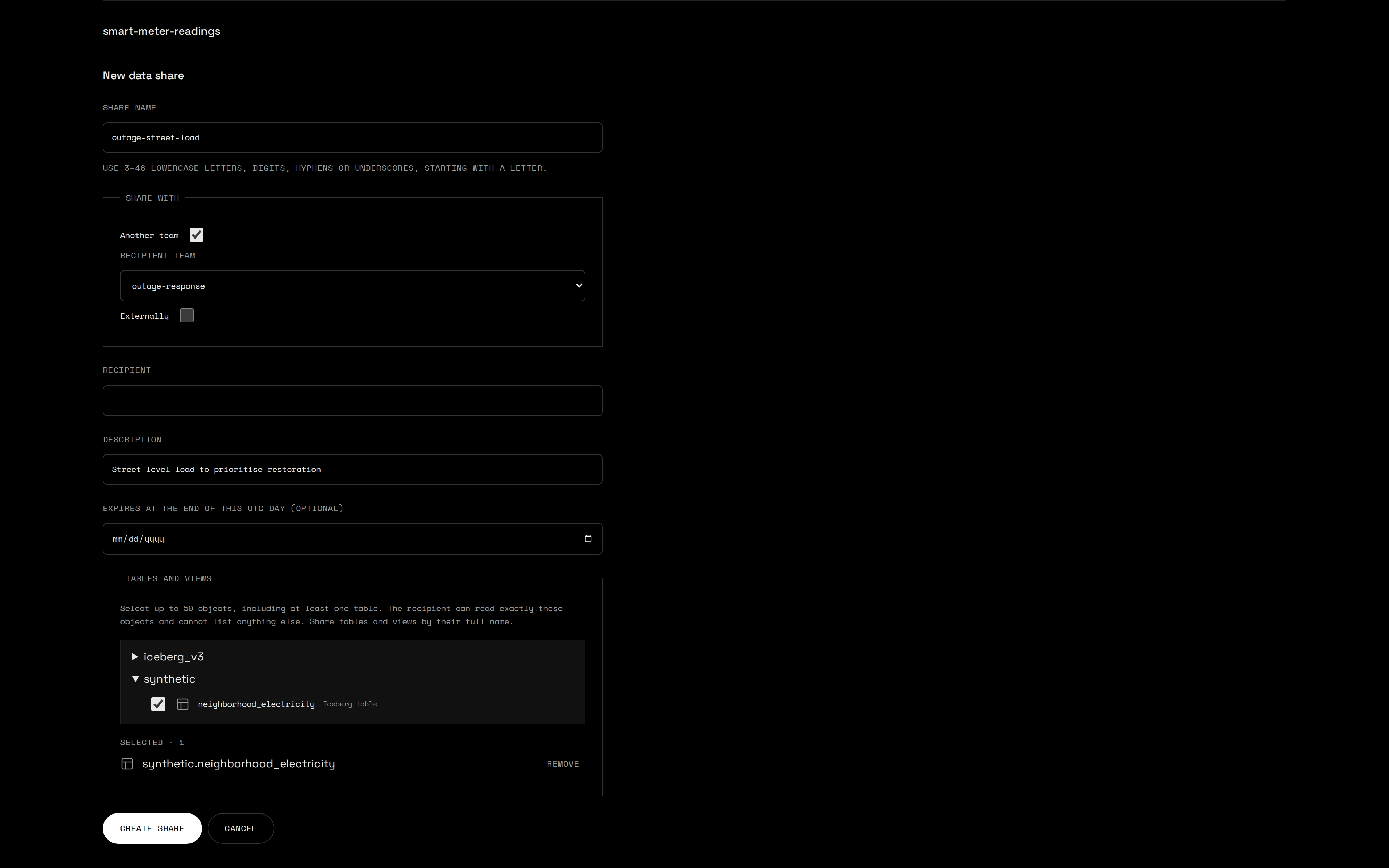 User portal data share form with another team selected as recipient and external sharing switched off