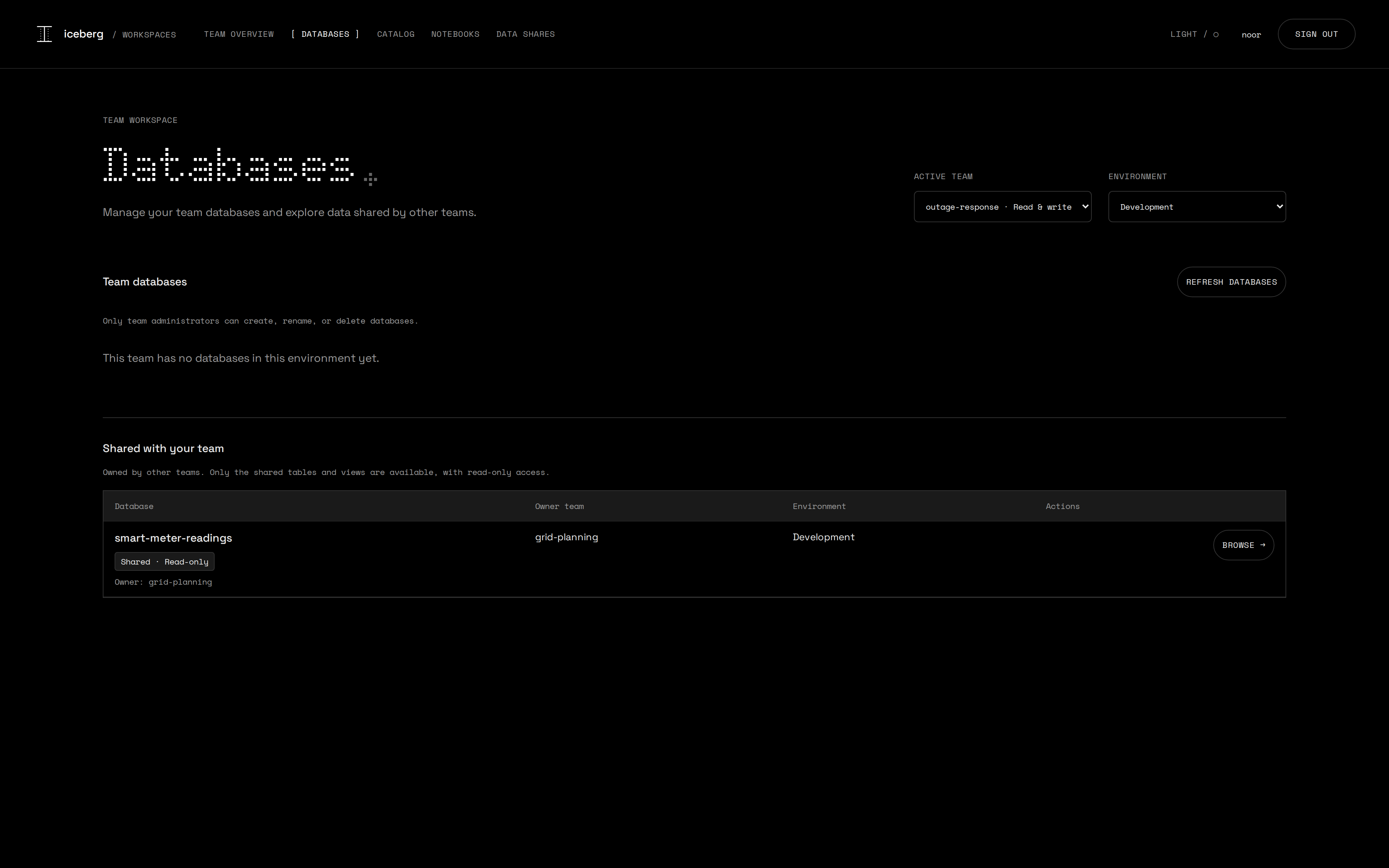 User portal Databases page of a team without databases, listing a database shared with it