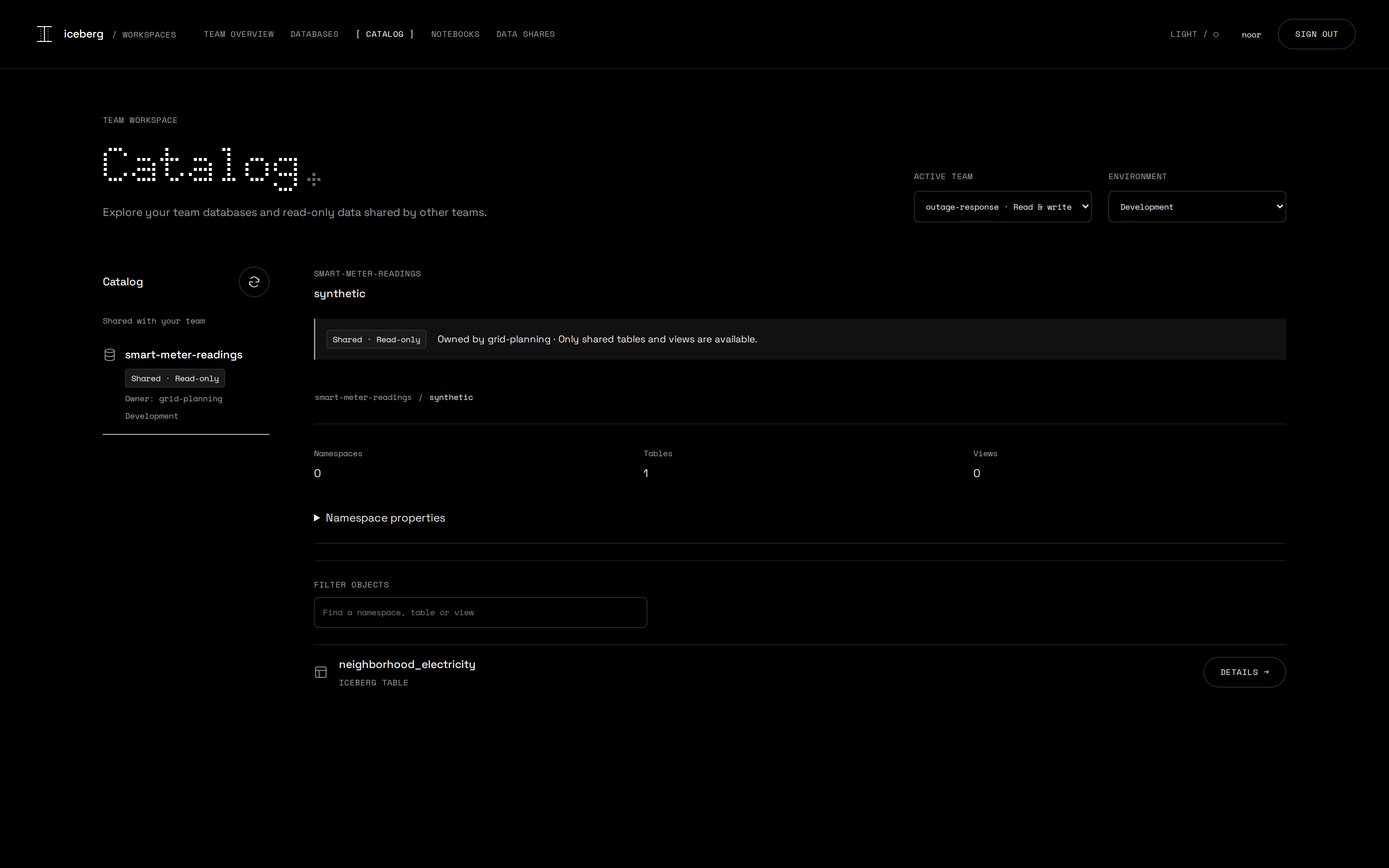 User portal catalog of a shared database, marked shared and read-only