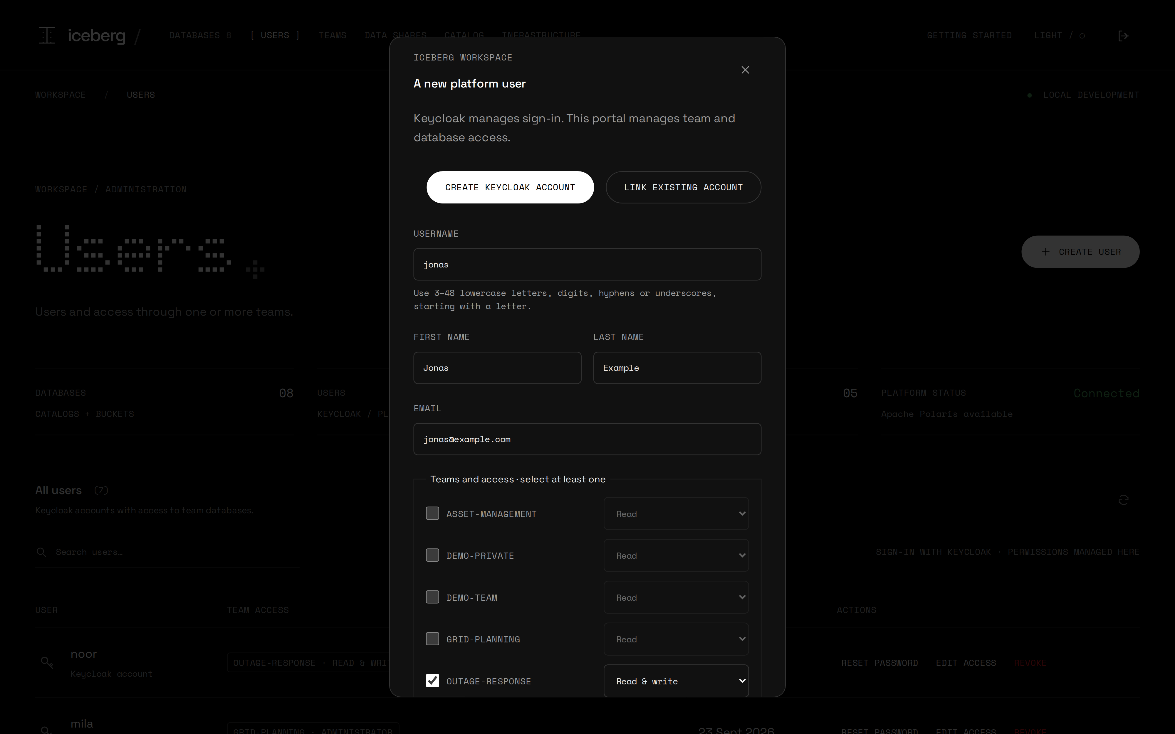 Create user dialog with username, name, email and a writer role for team outage-response