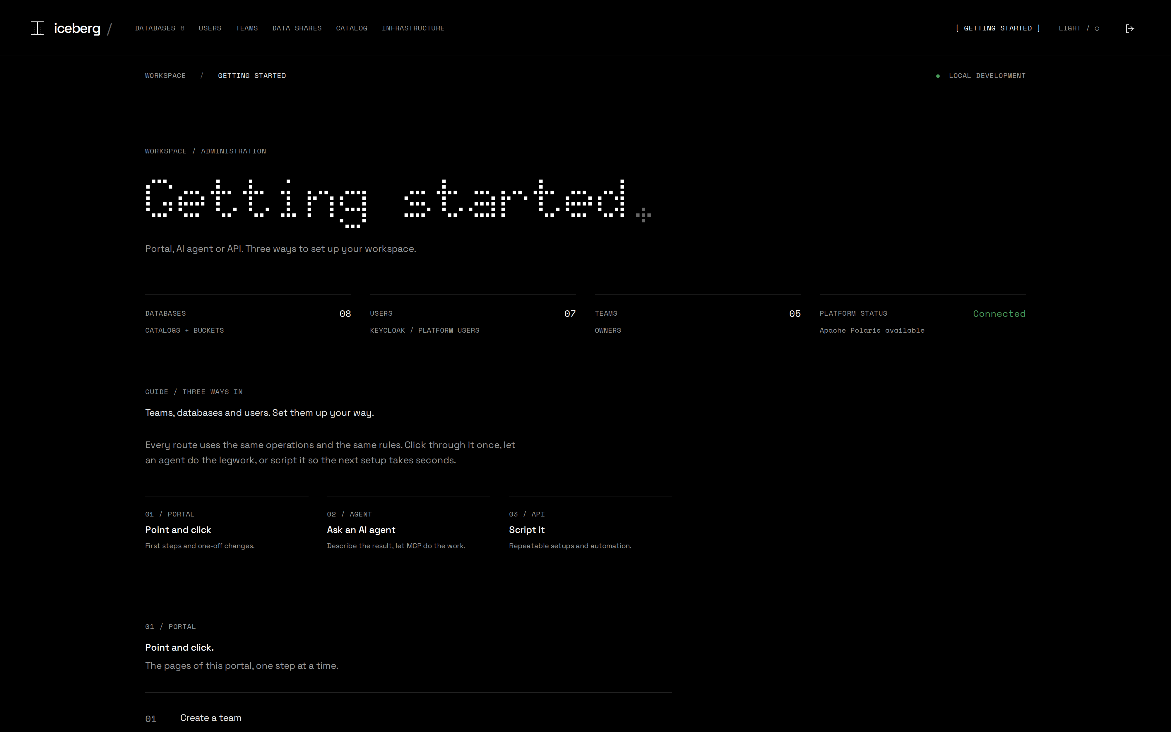 Administration portal Getting started page with the portal, AI agent and API tracks